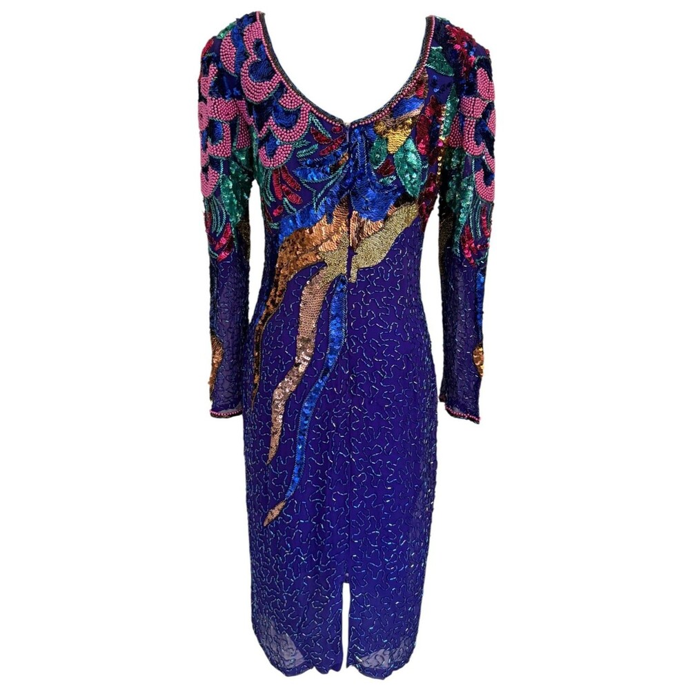 RARE VTG 80s Silk Hand Beaded Sequin Statement Dress Maximalist Glam Sz 8